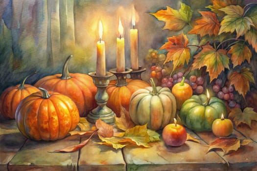 A still life painting features a variety of gourds and pumpkins, set against a backdrop of fall foliage. The scene is illuminated by the warm glow of candlelight, casting a soft, inviting light over the composition.