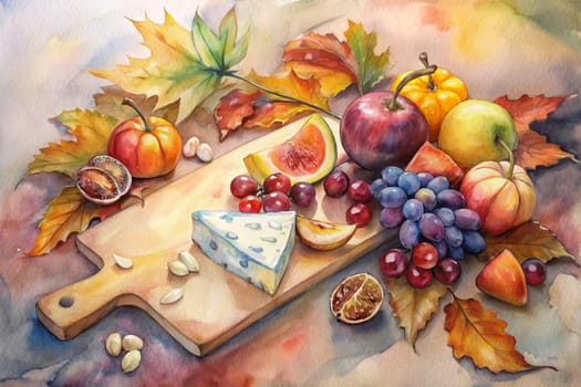 A watercolor painting depicting a still life of autumnal bounty on a wooden cutting board. The board is adorned with a variety of fruits, including grapes, apples, figs, and gourds, as well as a wedge of blue cheese. The fruits are arranged in a pleasing manner, and their colors are vibrant and appealing. The composition is balanced and harmonious, creating a sense of peace and tranquility. The overall effect is one of abundance and beauty.