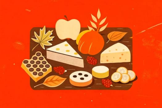An illustration of a wooden cheeseboard featuring a variety of cheeses, fruit, and fall foliage. The board is filled with sliced cheese, a whole apple, a pumpkin, and a cluster of grapes. The arrangement is complemented by autumn leaves and a honeycomb-like sweet treat.