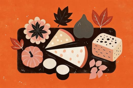 An illustration of a wooden cheeseboard featuring a variety of cheeses, fruit, and fall foliage. The board is filled with sliced cheese, a whole apple, a pumpkin, and a cluster of grapes. The arrangement is complemented by autumn leaves and a honeycomb-like sweet treat.