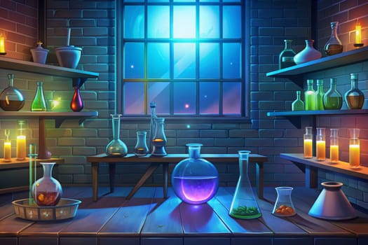 An alchemist's workshop, bathed in the soft glow of moonlight filtering through a window, is filled with various potions and elixirs bubbling in glass flasks. The room is filled with shelves stocked with ingredients and tools, and candles illuminate the space, creating an atmosphere of mystery and magic.