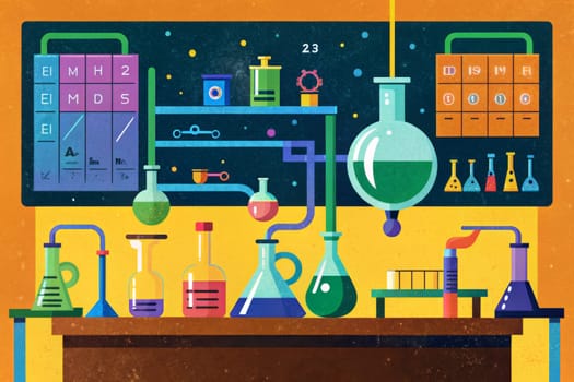 A whimsical and colorful illustration depicts a chemistry lab filled with beakers, flasks, and test tubes, suggesting a magical and experimental environment. The scene is vibrant and playful, featuring a variety of colored liquids and swirling bubbles, hinting at an exciting scientific discovery about to take place.