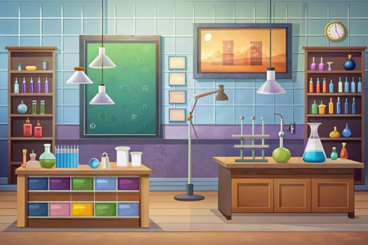 A laboratory space with an abundance of glassware and a warm glow from the hanging lamps. The room has brick walls and a wooden workbench, creating a cozy and inviting atmosphere. There is a variety of colorful glass beakers, flasks, and bottles, hinting at ongoing experiments and scientific pursuits.