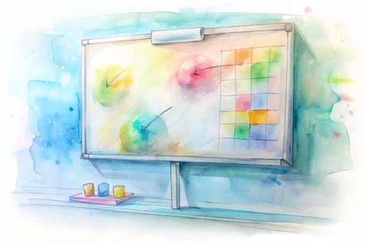 A watercolor painting depicts a whiteboard with colorful circles and a grid, resting on a shelf against a soft blue wall. Three small colorful containers sit on the shelf, adding to the overall visual appeal.