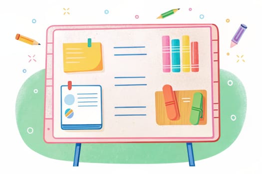 A whiteboard stands on two legs with a variety of colorful diagrams and charts drawn on its surface. These include pie charts, bar charts, and connected notes. A green slider and a red pushpin are visible, hinting at a recent brainstorming session.