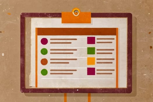 A white canvas on an easel displays a grid of eight colorful rectangles, each containing white text. Two small yellow sticky notes are attached to the canvas, one in the center of the top row and one on the bottom right corner. The canvas is decorated with a simple line and three colored circles at the top.