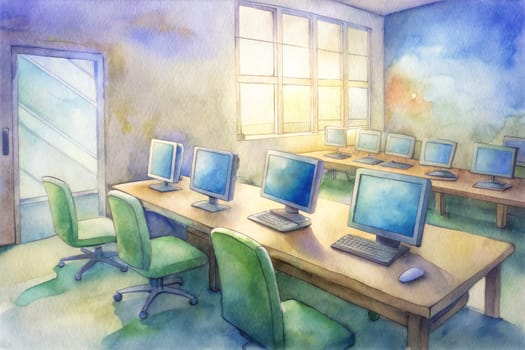 The morning sun streams through large windows into a brightly lit computer lab, casting soft light onto a row of desktops with swivel chairs. The room is filled with a sense of calm anticipation for the day's learning ahead.