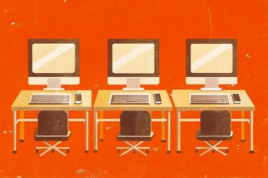 Three identical computer workstations with keyboards, monitors, and office chairs are arranged in a row on a bright orange background, reminiscent of a vintage office space. Each station is ready for work or creative expression, suggesting collaboration or individual focus.