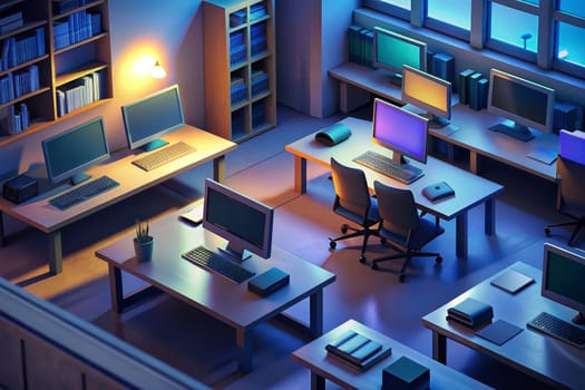 A late night study session takes place in a library, bathed in cool blue light streaming in from the windows. Several desks are occupied, each with a computer and books, while an expansive bookshelf lines the far wall. The room's quiet atmosphere is perfect for focusing on research and learning.