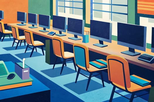 A row of computers sit in a classroom, each with a desk and chair. The room is brightly lit and the windows are open, allowing sunlight to stream in. The classroom seems to be quiet, with no one sitting at the computers.