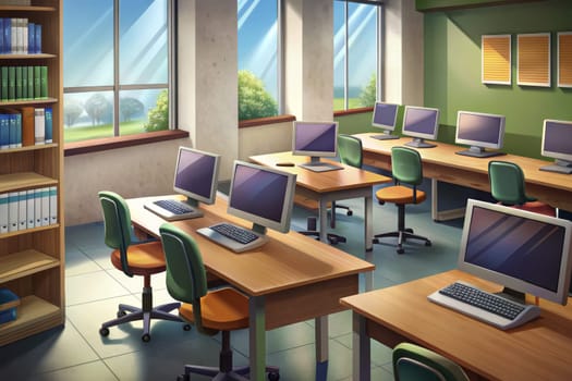 A classroom is illuminated by the morning sun streaming through the windows. Rows of computers are set up on desks with chairs facing each other, ready for students to learn and explore. A bookshelf is filled with books, providing additional resources for knowledge and inspiration.