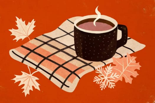 A warm, steaming mug of hot drink rests atop a cozy plaid blanket, surrounded by fallen leaves and a snowflake. The scene evokes a feeling of warmth and comfort on a cool autumn day.