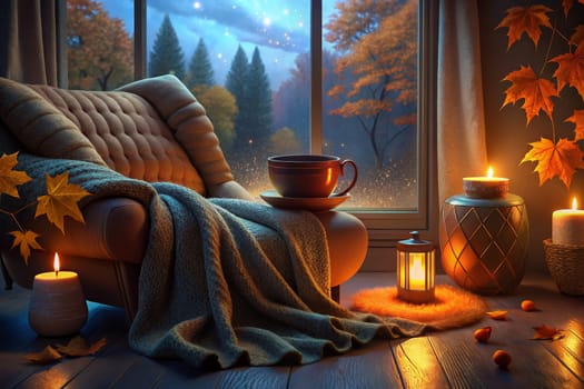 A cozy armchair sits beside a window overlooking a forest, bathed in the soft glow of candlelight. A warm blanket drapes across the chair, inviting one to relax and enjoy a cup of tea as the evening unfolds.