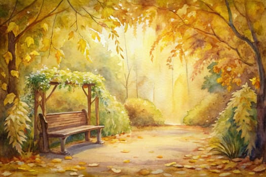 A watercolor painting depicts a serene autumn scene. A wooden bench sits beneath a leafy arbor, bathed in the warm glow of the setting sun. The path ahead leads into a grove of trees with golden foliage, creating a peaceful and tranquil atmosphere.