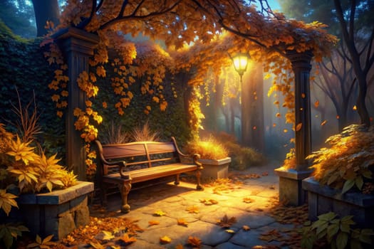 A wooden bench sits invitingly beneath the branches of a tree, its leaves falling gracefully as the sun sets. A cobblestone path leads through the garden, casting long shadows in the fading light. The air is filled with a gentle breeze, carrying the scent of autumn.