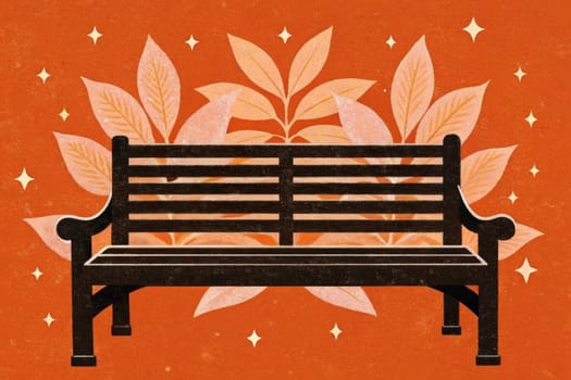 A wooden bench sits alone, surrounded by autumn leaves and small, twinkling stars, against a vibrant orange background. The scene evokes a sense of tranquility and solitude.