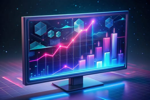 A computer monitor sits on a futuristic, neon-lit surface, displaying a digital dashboard with bright pink and blue graphs charting a positive upward trend.