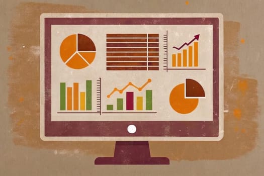 A computer monitor displays a bar graph with a trend line moving upwards. The graph has multiple colorful bars, representing different data points. The trend line suggests positive growth or progress.