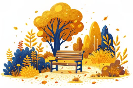 A solitary wooden bench rests in the heart of a park, surrounded by vibrant yellow and blue foliage. The trees are ablaze with autumn colors, their leaves gently falling to the ground. The air is calm and peaceful, inviting visitors to pause and enjoy the beauty of the season.