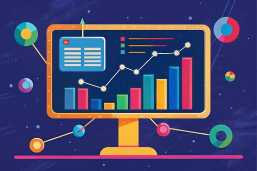 A computer monitor displays a colorful data visualization, featuring a line graph and bar chart, against a dark blue background dotted with colorful stars. The graph shows a clear upward trend, suggesting growth and success. The monitor is connected to the colorful stars with lines, emphasizing the connection between data and the wider universe.