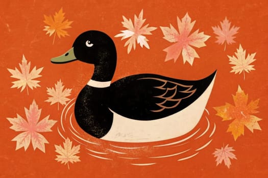 A black duck with a white stripe around its neck glides effortlessly through calm water, surrounded by falling autumn leaves. The water is a vibrant orange color, and the leaves are a mix of yellow, orange, and red. The image creates a peaceful and serene atmosphere, capturing the beauty of the season.