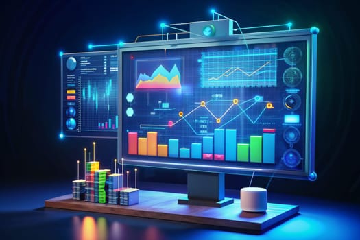 A flat-screen monitor displays an array of vibrant and dynamic charts, graphs, and data visualizations in a futuristic, neon-lit setting. The screen represents a surge of technological advancement, showcasing data analytics and digital transformation.