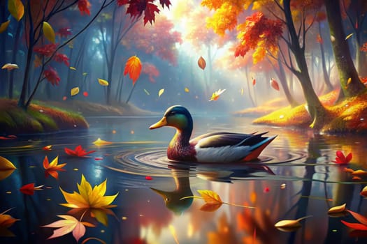 A single duck swims peacefully through a tranquil, misty pond, surrounded by falling autumn leaves. Sunlight streams through the branches of the surrounding forest, casting a golden glow on the water.