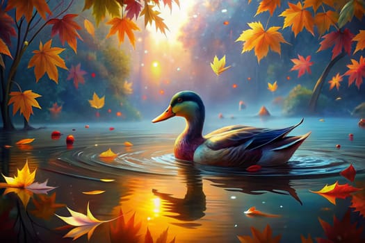 A duck glides across a serene pond surrounded by a vibrant fall forest. Golden leaves drift down from the trees, illuminating the water with warm hues. The atmosphere is tranquil and peaceful.