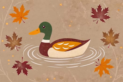 A black duck with a white stripe around its neck glides effortlessly through calm water, surrounded by falling autumn leaves. The water is a vibrant orange color, and the leaves are a mix of yellow, orange, and red. The image creates a peaceful and serene atmosphere, capturing the beauty of the season.