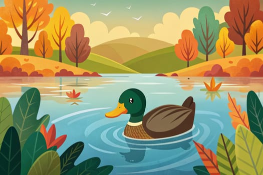 A duck glides effortlessly through the still waters of a pond, surrounded by vibrant autumn foliage. The bright colors of the leaves create a picturesque backdrop for the tranquil scene.