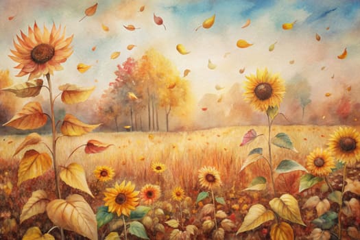 A vibrant watercolor painting depicting a field of sunflowers basking in the golden light of a late summer or early autumn day. The sunflowers stand tall amongst a field of tall grass, their heads tilted towards the sun as a gentle breeze carries fallen leaves through the air. A lone tree in the background stands tall, its leaves turning shades of orange and yellow, adding to the overall feeling of warmth and tranquility.