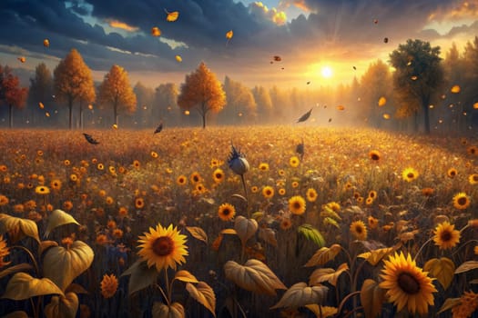 A field of sunflowers basks in the golden light of a setting sun. The gentle wind carries leaves, petals, and seeds, creating a magical atmosphere. The scene evokes a sense of warmth, tranquility, and the beauty of nature's cycles.