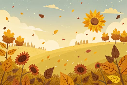 A gentle breeze carries vibrant autumn leaves across a field of sunflowers, their golden petals reaching towards the warm, sun-drenched sky. The landscape is painted in hues of yellow, brown, and green, creating a serene and picturesque scene.