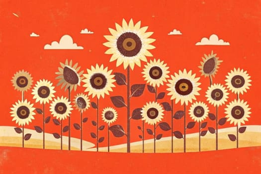 A whimsical illustration of sunflowers blooming in a field against a bright orange sky with fluffy clouds and scattered stars. The stylized artwork features a variety of sunflowers of different sizes with large, prominent petals and dark centers. The scene creates a feeling of warmth, joy, and the beauty of summer.