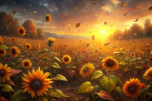 A field of sunflowers blooms vibrantly against a backdrop of a golden sunset, while leaves dance in the wind. The warm hues of autumn create a serene and picturesque scene.