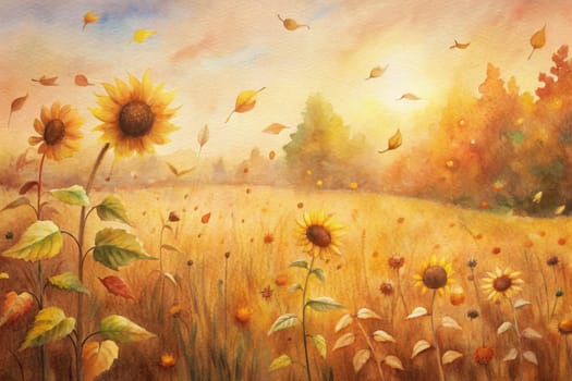 A watercolor painting captures the beauty of autumn, with sunflowers standing tall amidst a field of golden grasses. Leaves dance in the gentle breeze, creating a dreamy atmosphere. The sunlight filters through the clouds, casting a warm glow on the landscape.