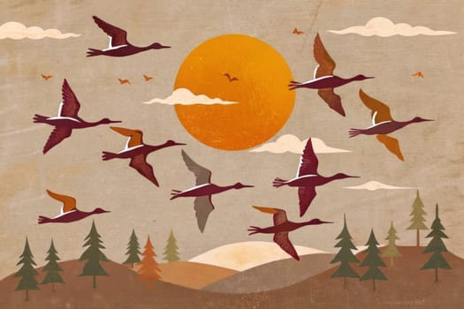 A flock of stylized birds flies in formation against a warm sunset sky over a mountainous landscape. The birds are depicted in a retro art style, with long, graceful necks and wings, and a muted color palette. The sky is filled with fluffy, white clouds and the sun shines brightly in the distance. The scene creates a sense of peace and tranquility, suggesting a serene moment of nature.