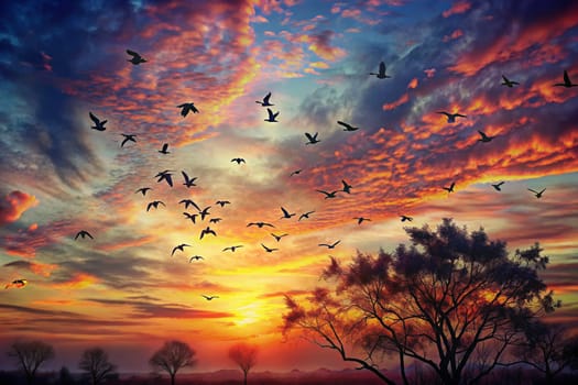 A flock of birds flies through a vibrant, colorful sunset sky, creating a striking silhouette against the backdrop of orange, pink, and purple clouds. A lone tree stands in the foreground, framing the scene and providing a sense of peace and tranquility.