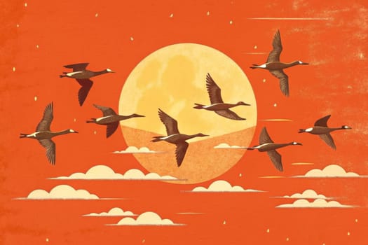 A flock of stylized birds flies in formation against a warm sunset sky over a mountainous landscape. The birds are depicted in a retro art style, with long, graceful necks and wings, and a muted color palette. The sky is filled with fluffy, white clouds and the sun shines brightly in the distance. The scene creates a sense of peace and tranquility, suggesting a serene moment of nature.