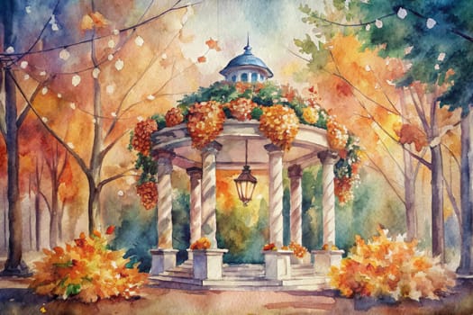 A white gazebo adorned with colorful flowers stands in the middle of a park, surrounded by trees with vibrant autumn foliage. String lights illuminate the scene, creating a warm and inviting atmosphere.