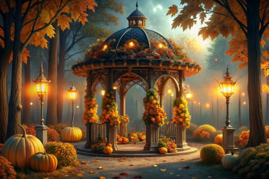 A mystical gazebo, adorned with autumnal floral arrangements, stands amidst a golden forest bathed in the soft glow of lantern light. The air is alive with a magical ambiance as the setting sun casts long shadows, creating a scene of quiet tranquility.