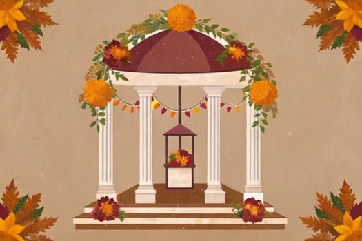 A charming gazebo with a white and brown structure is decorated with three floral wreaths in vibrant autumn colors. The wreaths hang from the gazebo's roof, casting a warm glow with three illuminated lanterns. The image features a soft, vintage aesthetic with subtle fall leaves scattered around the gazebo.