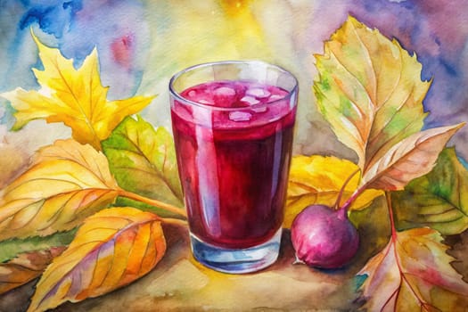 A glass of fresh beetroot juice sits on a table surrounded by vibrant yellow and red autumn leaves, creating a scene of warmth and autumnal beauty. A single beetroot with its leafy stem adds a touch of color to the still life, suggesting a harvest season just passed.