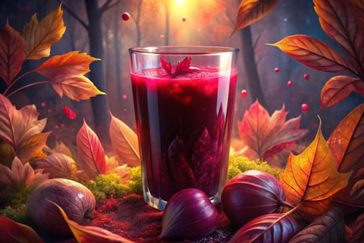 A glass of deep red liquid sits on a mossy forest floor, surrounded by vibrant autumn leaves. The drink seems to have a swirling, almost ethereal quality, suggesting a magical elixir. The falling leaves and warm light create a sense of enchantment.
