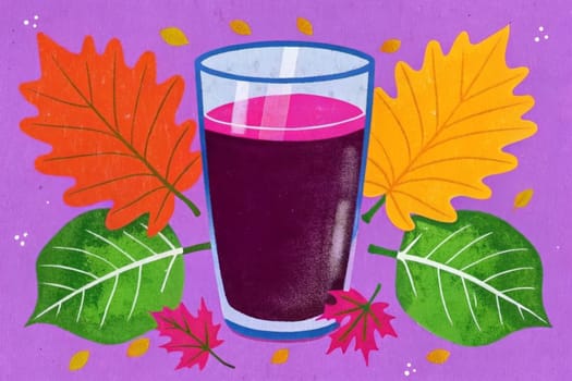 A glass of dark liquid, possibly wine or juice, sits on an orange background surrounded by falling autumn leaves. The scene evokes feelings of warmth and cozy comfort.