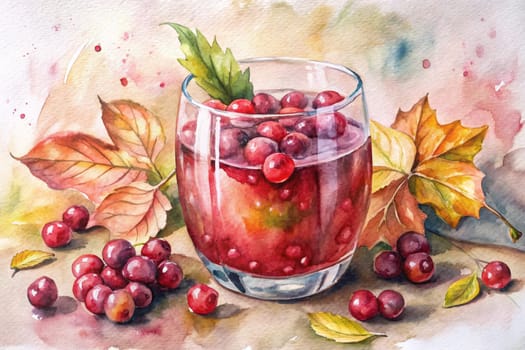 A watercolor painting captures a still life featuring a glass of cranberry juice with whole cranberries floating in the liquid. The glass sits on a wooden surface surrounded by autumn leaves and individual cranberries. The soft, muted colors of the painting evoke a sense of warmth and cozy comfort.