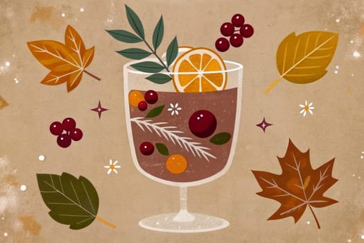 A glass of red wine, filled with plump berries, sits on a table amidst a vibrant display of autumnal leaves and grapes, bathed in the warm glow of the setting sun.