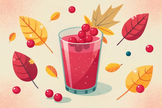 A glass of ruby-red juice filled with crimson berries sits on a soft peach background, surrounded by falling autumn leaves in various shades of orange and red.
