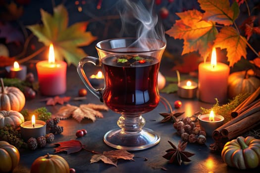 A steaming cup of mulled wine sits on a rustic table surrounded by warm candlelight, cinnamon sticks, autumn leaves, and small pumpkins. The scene evokes a sense of cozy comfort and the warmth of the season.