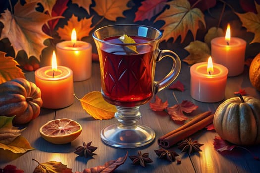 A steaming cup of mulled wine sits on a rustic table surrounded by warm candlelight, cinnamon sticks, autumn leaves, and small pumpkins. The scene evokes a sense of cozy comfort and the warmth of the season.